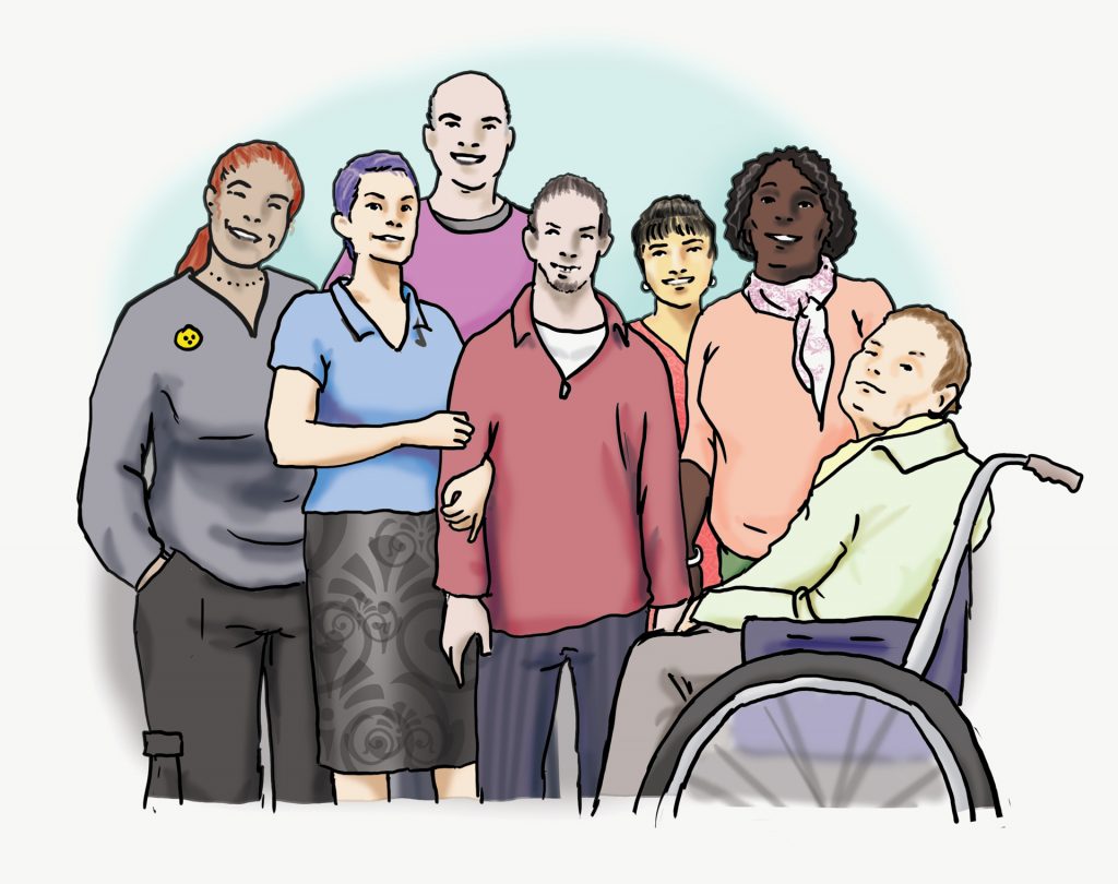 Illustration: Team-Foto Sieben Personen stehen zusammen für ein Foto. Die Gruppe besteht aus verschiedenen Menschen.